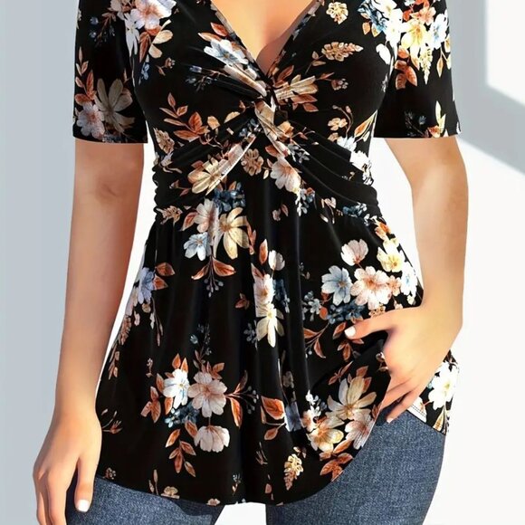 Women Plus Size Elegant Floral Print Twist Tee Summer Vacation Blouse Top 22W - Picture 3 of 10